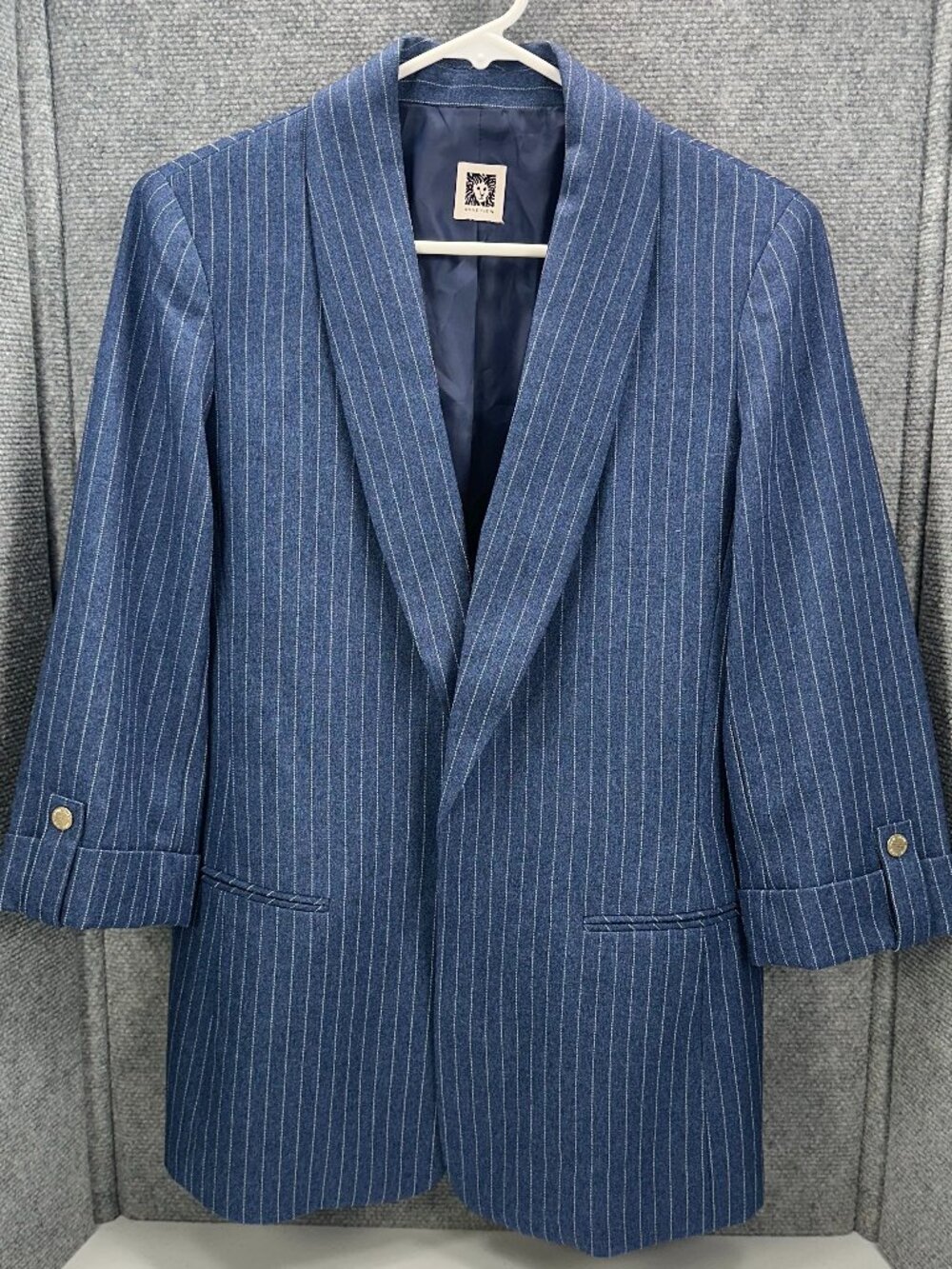 Anne Klein Womens Blue Pinstripe Open Front Blazer 3/4 Sleeve Gold Detail